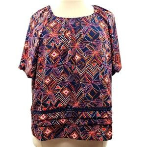 Zac & Rachel Womens XL Navy Orange Geometric Floral Crochet Lace Tiered Blouse‎